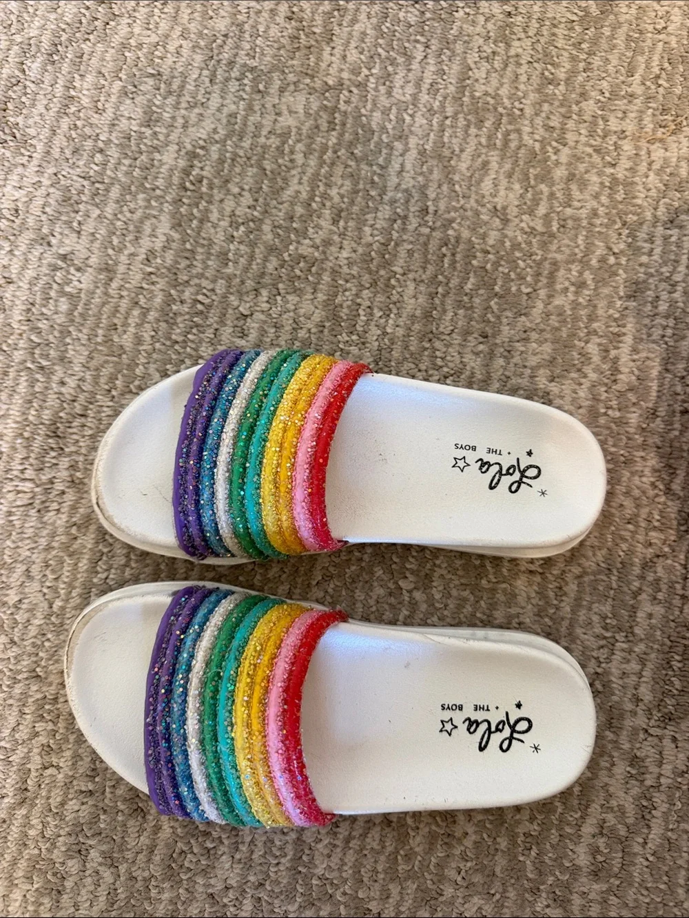 Lola + The Boys White Slides with Rainbow Glitter Straps